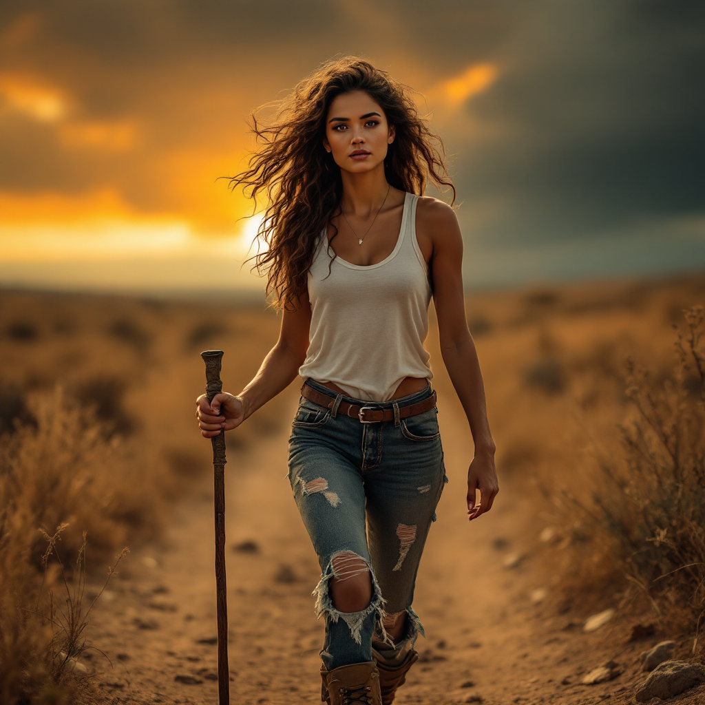 A resilient woman walks confidently down a dirt path, holding a walking stick, against a dramatic sunset, embodying the spirit of perseverance.