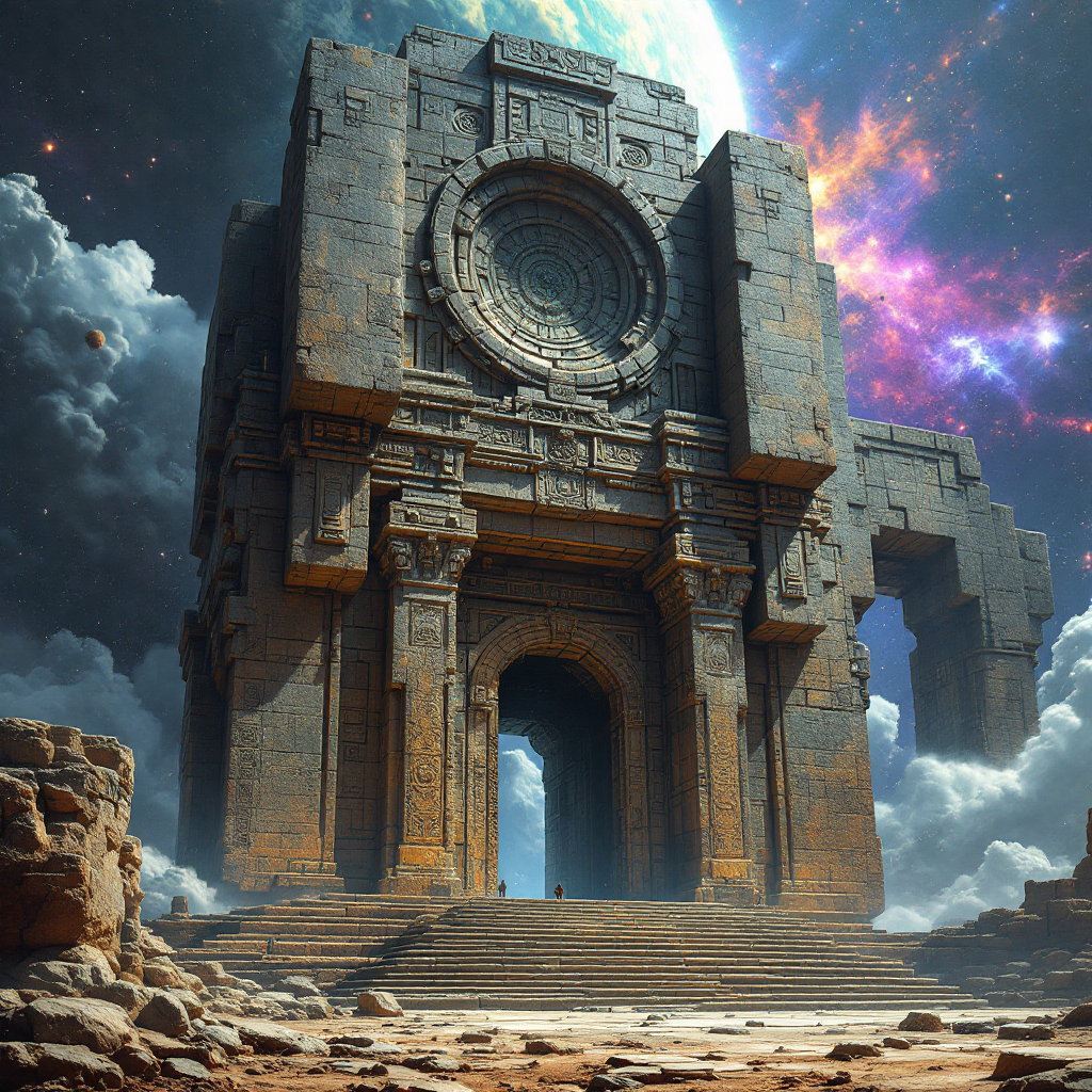 A massive, ancient structure emerges from a rocky landscape, featuring intricate designs and a prominent circular feature, set against a backdrop of swirling cosmic colors and clouds.