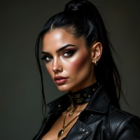 A tall, confident woman with striking features and wise eyes gazes intently. Her long, dark hair is styled in a sleek ponytail, accented by a fashionable leather jacket and bold jewelry.