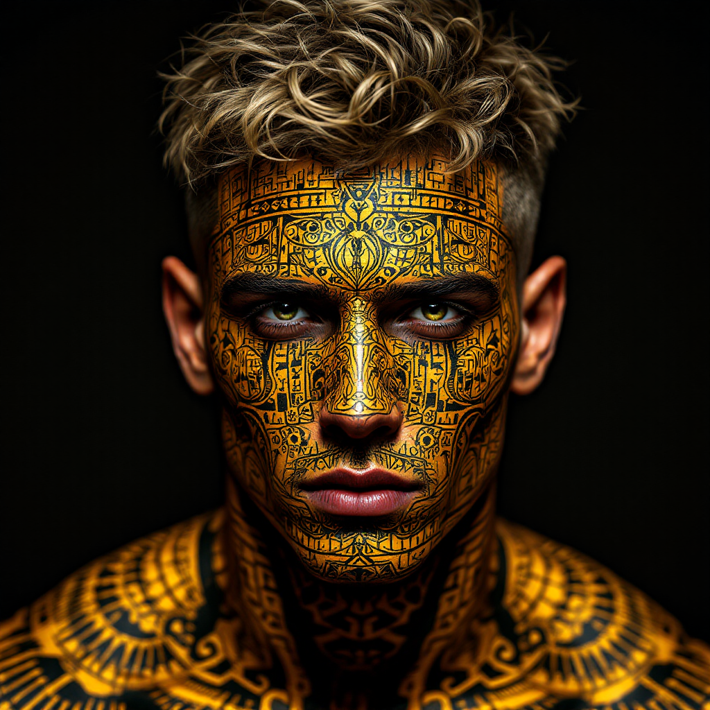 A young man with thick, curly fair hair and a face covered in intricate golden tattoos, resembling the mask of an ancient Egyptian king, exudes a striking, otherworldly presence.