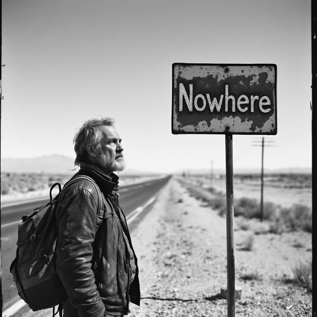 A solitary man stands beside a weathered Nowhere sign, gazing thoughtfully down a desolate road, embodying the quote about searching for a place to go.