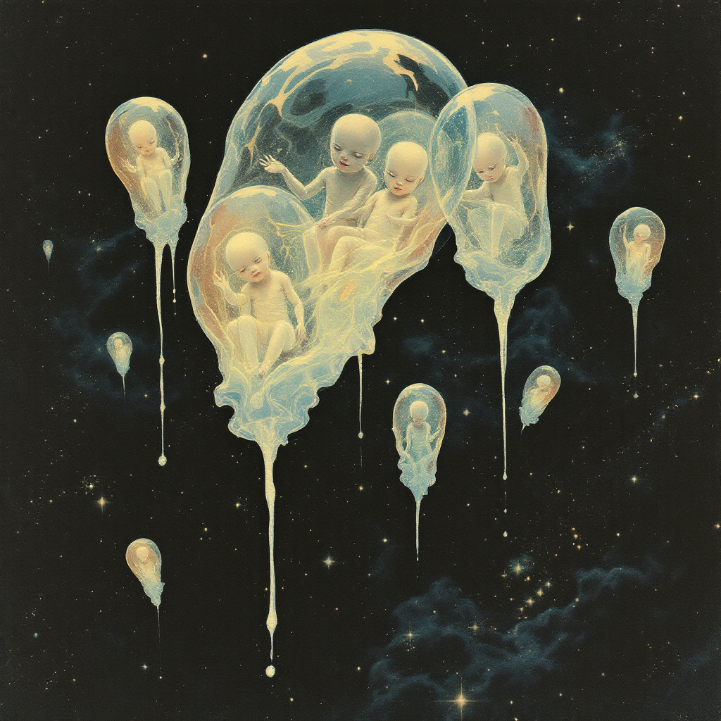 A surreal cosmic scene featuring translucent pods containing ethereal, humanoid figures, floating through a starry void, embodying the essence of collective knowledge and disembodied existence.