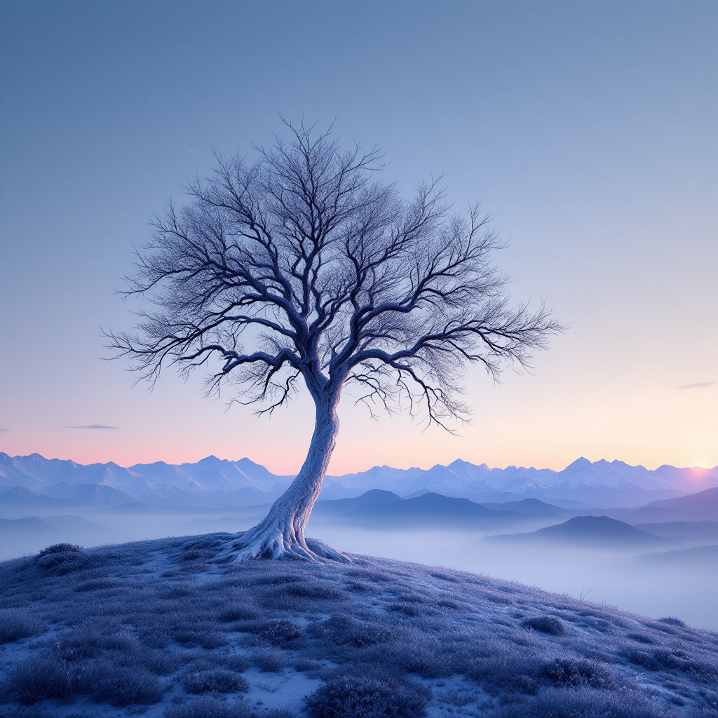 A solitary, leafless tree stands atop a snowy hill, with a serene backdrop of misty mountains and a soft twilight sky, evoking the stark imagery of It was a pleasure to burn.