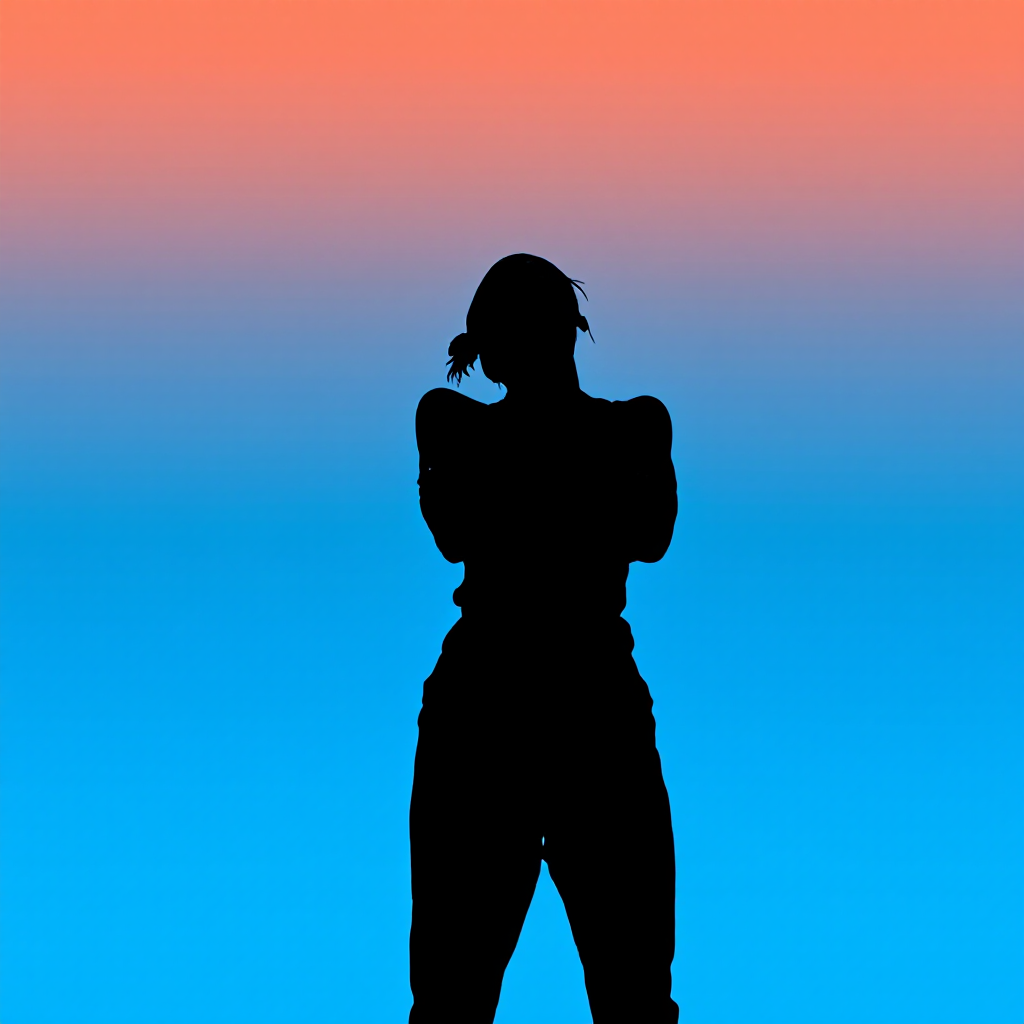 A silhouette of a person with arms crossed stands against a vibrant gradient background of orange and blue, echoing a struggle for self-control and inner strength.