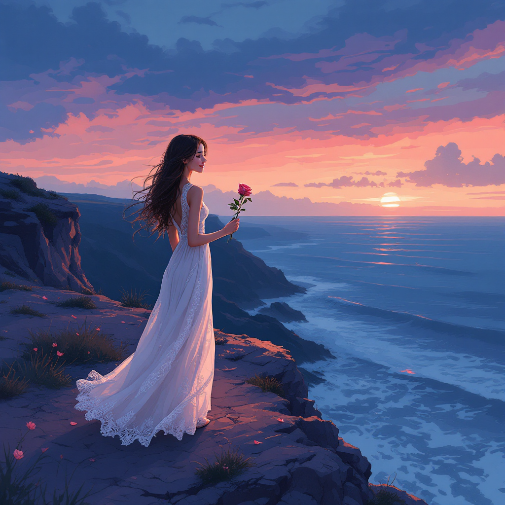 A woman in a flowing white dress stands on a cliff at sunset, holding a rose, embodying the essence of love, sacrifice, and the importance of personal happiness.