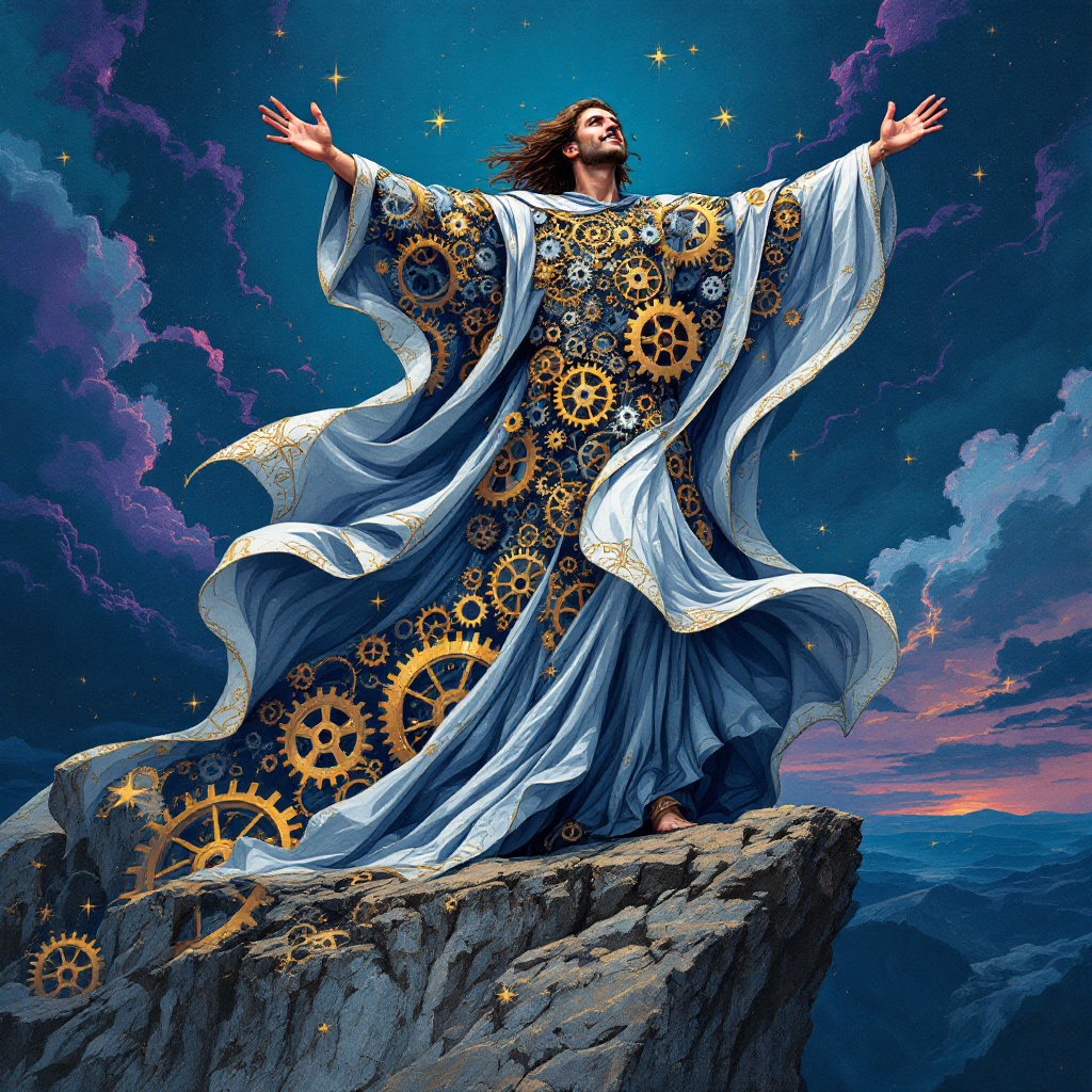 A figure in a flowing robe adorned with golden gears stands on a rocky cliff, arms outstretched against a vibrant sky, embodying the quote about the oath's liberating purpose.