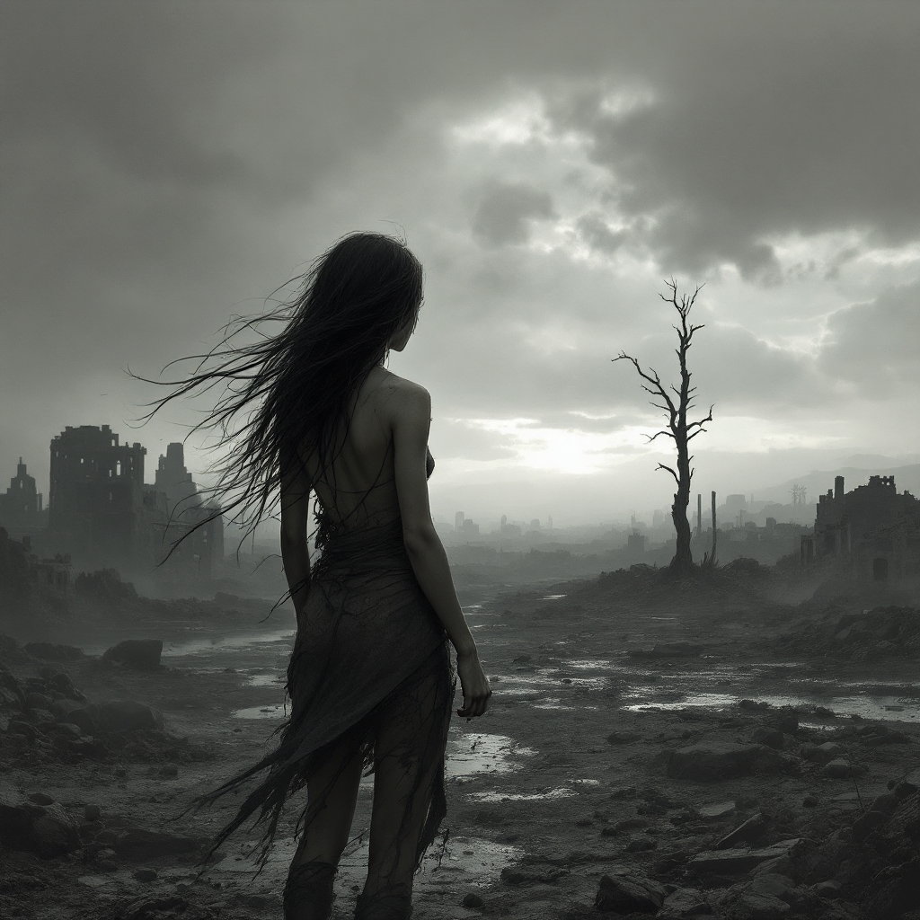 A lone figure stands amidst desolate ruins under a stormy sky, embodying the journey of loss and discovery in search of true desires, reflecting the quote's essence.