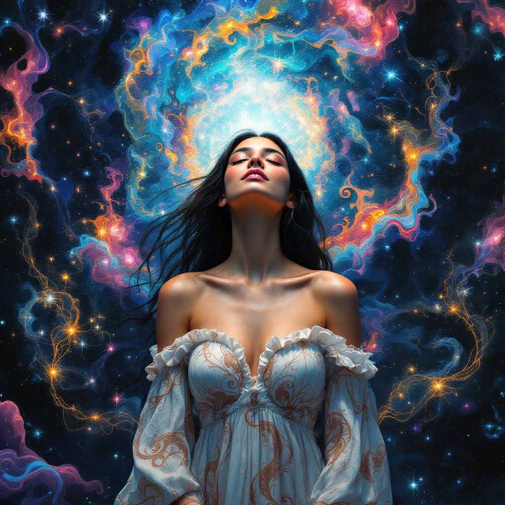 A serene woman in a flowing white dress stands against a vibrant cosmic backdrop, symbolizing self-discovery and the power of choices beyond past mistakes.