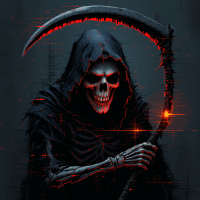 A skeletal figure draped in a dark hood holds a menacing scythe, illuminated by an eerie red glow, embodying the ominous presence of death as described in The Grim.