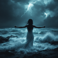 A woman in a flowing white dress stands confidently at the ocean's edge, arms outstretched, as lightning illuminates a stormy sky, embodying the quote, I will not be afraid.