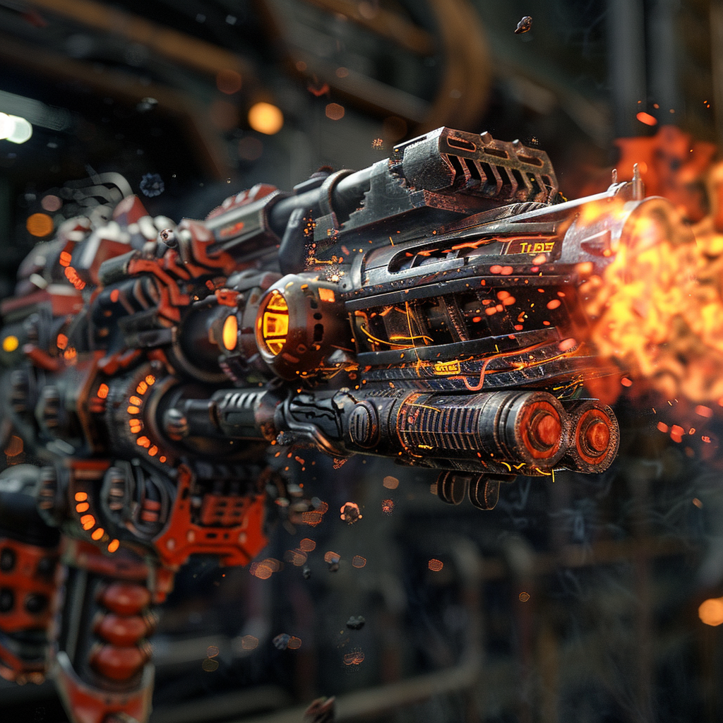 A futuristic blaster emits a stream of bright plasma, accompanied by sparks and debris, capturing the intensity of a weapon disintegrating a drone in a burst of fire and metal parts.