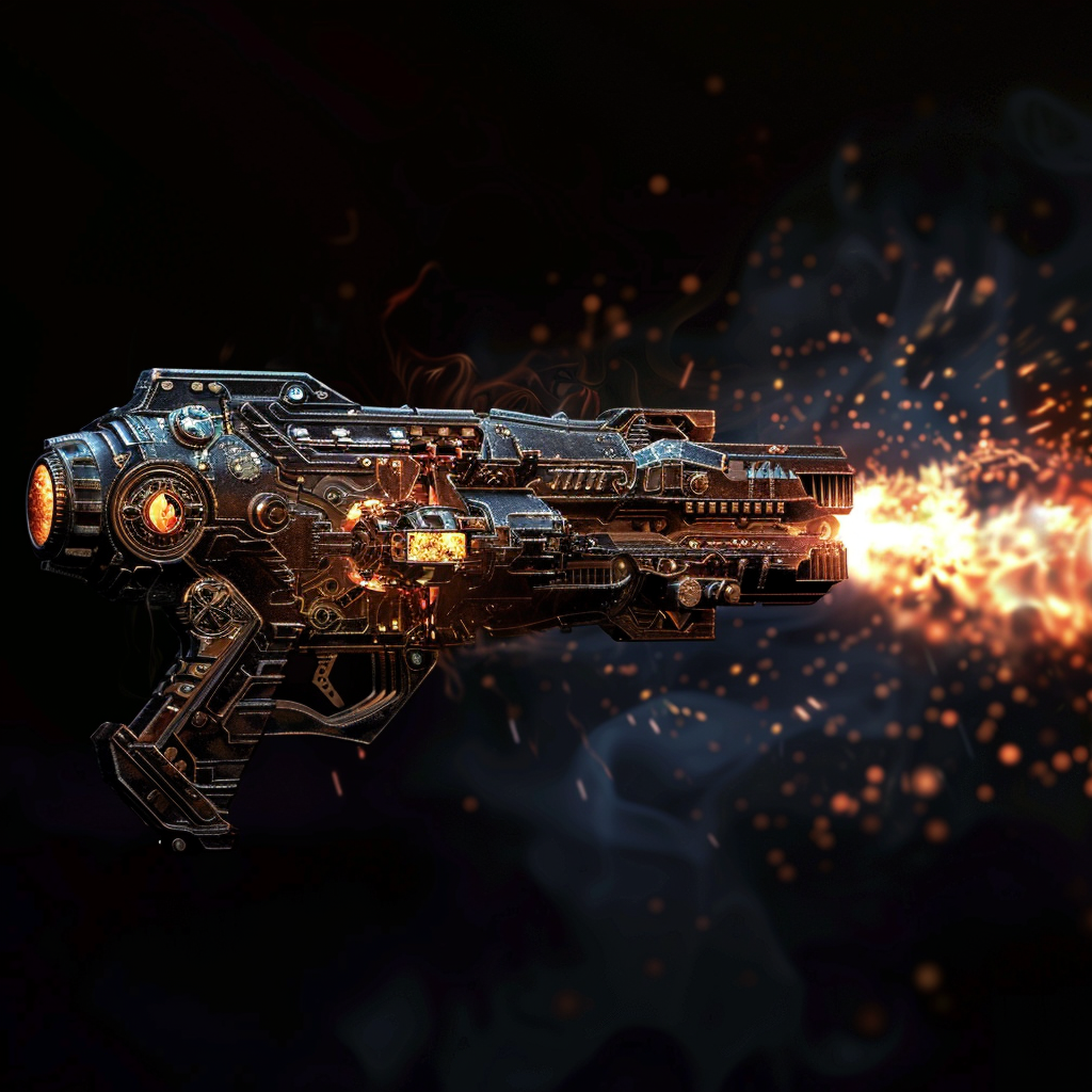 A futuristic blaster emits a stream of plasma, incinerating a target, with sparks and fire flying. Inspired by a book quote describing a blaster disintegrating a drone in a burst of fire and metal parts.