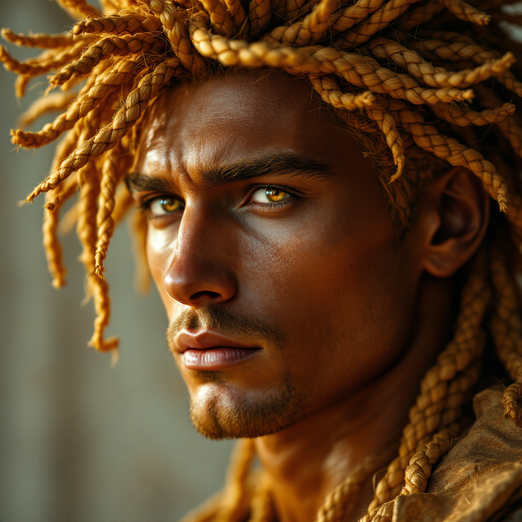 A handsome man with bronze skin and a long chin gazes confidently, his wide-set smoky topaz eyes contrasting against a striking mane of braided golden hair.