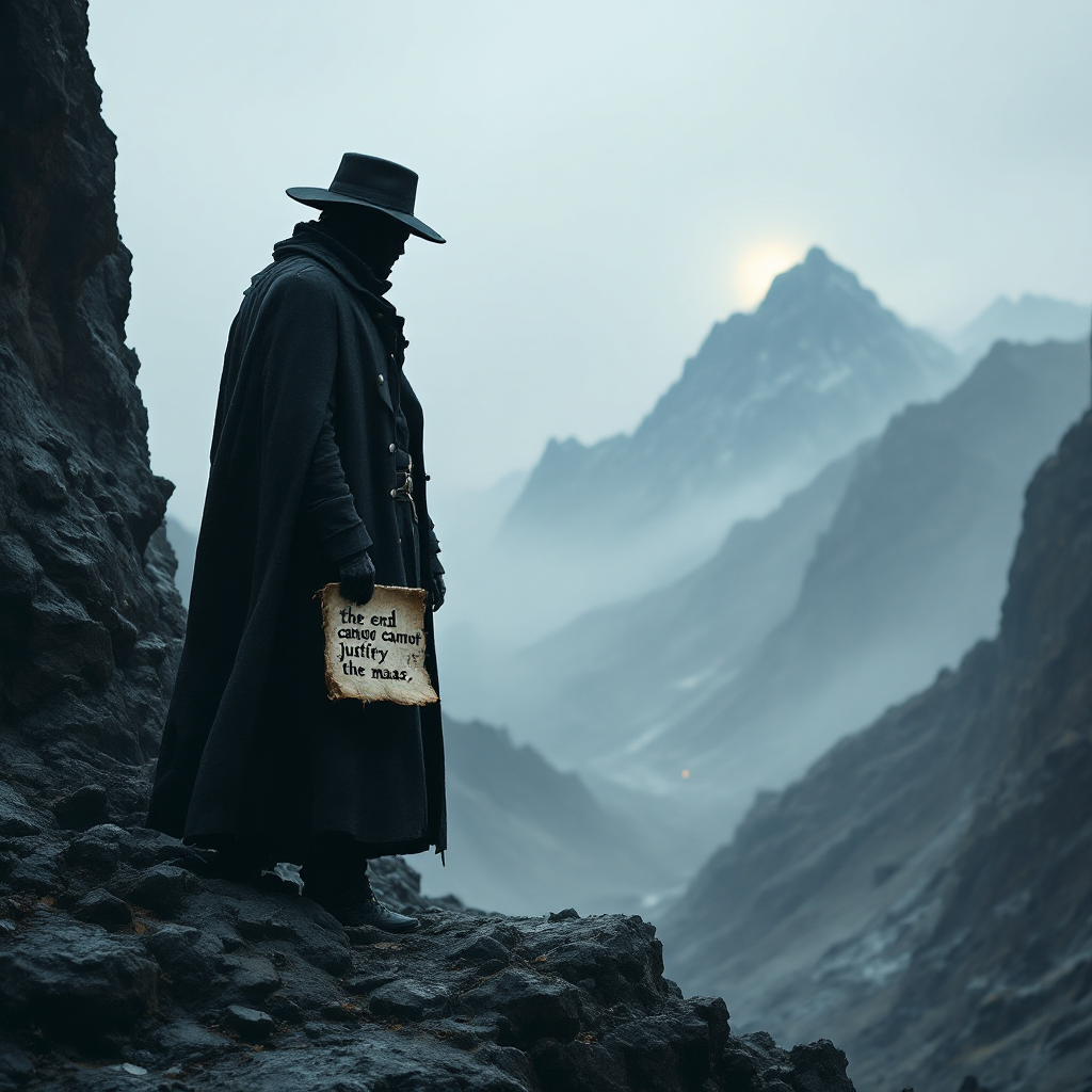 A cloaked figure stands on a rocky ledge, holding a scroll, overlooking misty mountains. The scene reflects the tension between ends and means, embodying a profound moral dilemma.