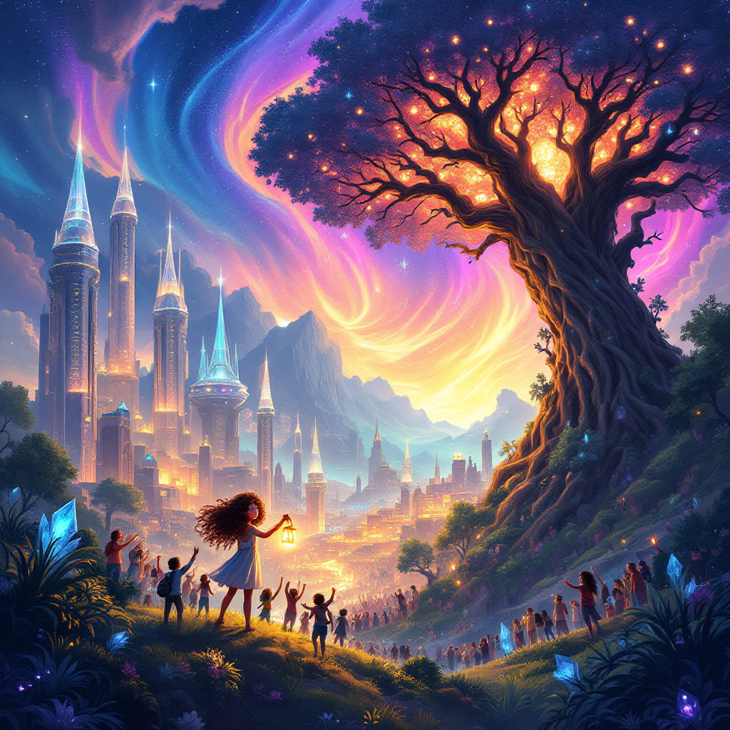 A group of diverse figures stands in awe before a majestic, glowing tree and a vibrant city, symbolizing empowerment, resilience, and opportunity against a colorful twilight sky.