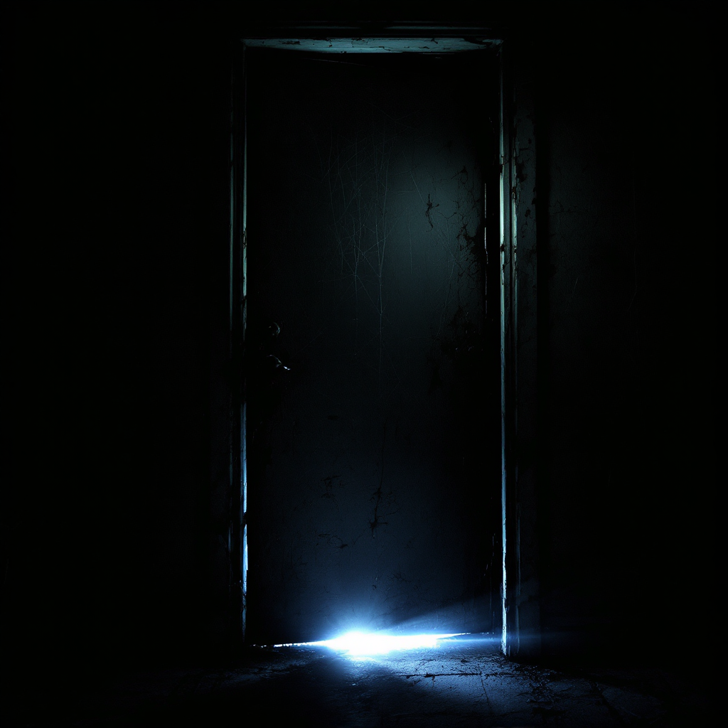 A partially open door in a dimly lit space, with a faint light spilling in from the darkness, evokes the hidden stories and fears behind closed doors.