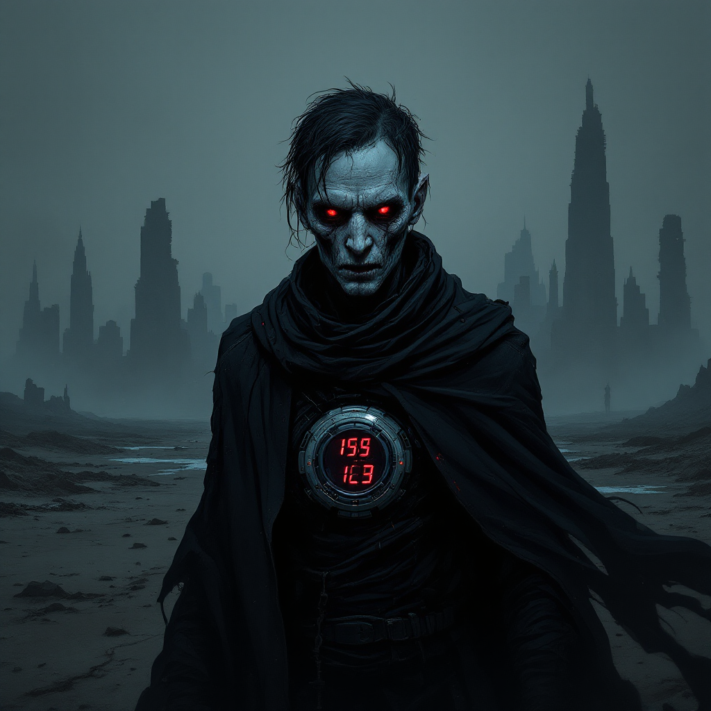 A figure cloaked in dark robes stands in a desolate landscape, glowing red eyes fixed forward. An eerie digital clock pulses on their chest, embodying the tension between life and death.