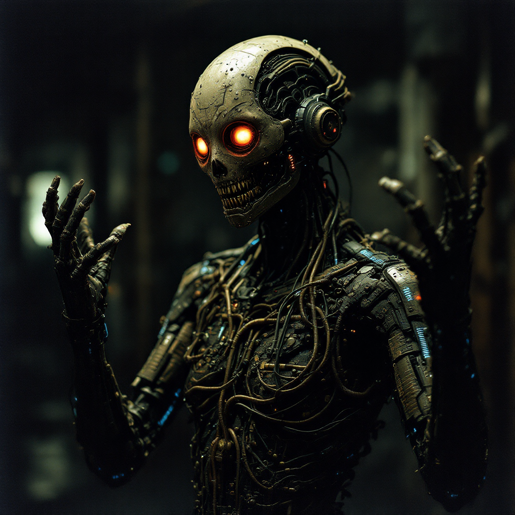 A futuristic robotic figure with glowing orange eyes and intricate wiring stands in an atmospheric, dimly lit environment, embodying the quote, You are not a monster. You are simply what you are.