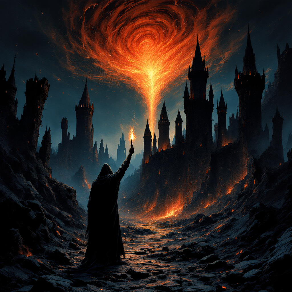 A cloaked figure stands in a desolate landscape, raising a torch toward a swirling orange vortex above dark, imposing castles, evoking themes of adventure and conquest from a legendary tale.