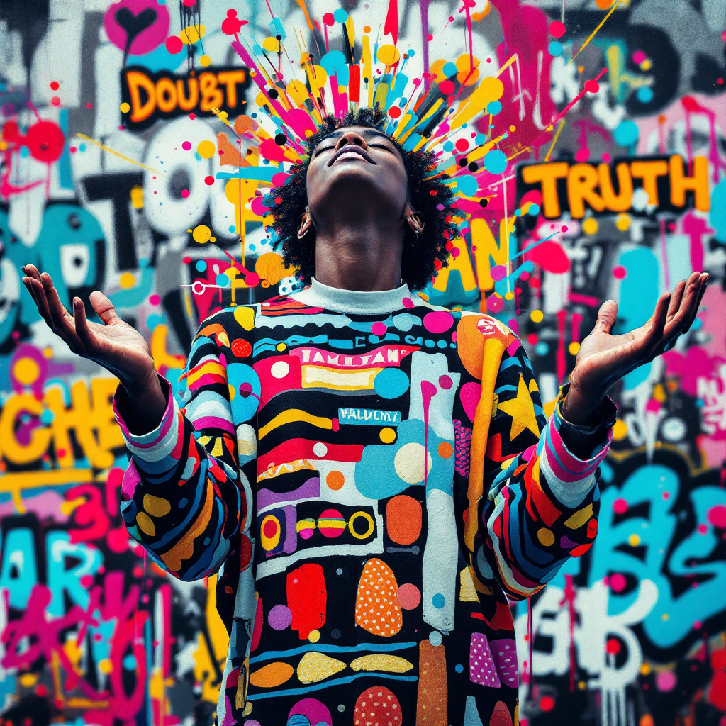 A person stands in front of a vibrant, graffiti-covered wall, arms outstretched, embodying the idea of embracing vulnerability to discover truth, surrounded by splashes of color and words like Doubt and Truth.