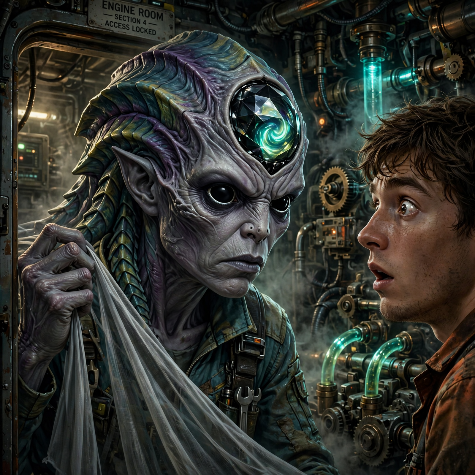 A grayish-purple skinned mechanic with ridged, hairless head and a glowing multifaceted black core embedded in her forehead examines a surprised young man amid complex engine room pipes.