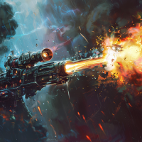 A futuristic blaster fires vibrant plasma, which erupts in bright flames and a burst of metallic debris as it disintegrates a drone mid-air, painting a chaotic scene of destruction.