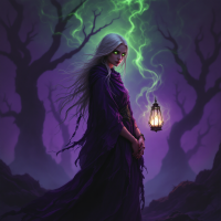 A mysterious figure in a dark, enchanted forest, wearing a flowing purple cloak, holds a glowing lantern, symbolizing the quest to shine light amidst darkness.