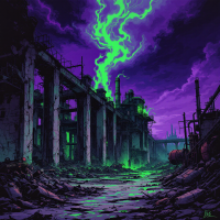 A desolate, ruined industrial landscape, with crumbling buildings and vibrant green smoke swirling against a dark, purple sky, reflecting themes of decay and the consequences of neglect.