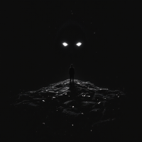 A solitary figure stands on a dark path, illuminated by two piercing eyes in the shadows, symbolizing the internal battle against oneself as the true enemy in life.