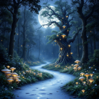 A moonlit forest path winds through trees, adorned with glowing mushrooms. The enchanting scene evokes a sense of wonder, embodying the idea of being in a story where magic is possible.