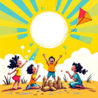 Children joyfully play together in a sunny landscape, building sandcastles and flying a kite, embodying the quote, The soul is healed by being with children.