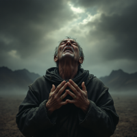 A weathered man in a dark robe raises his hands to the sky, tears streaming down his face, amidst a dramatic, cloudy landscape, embodying deep anguish and spiritual longing.