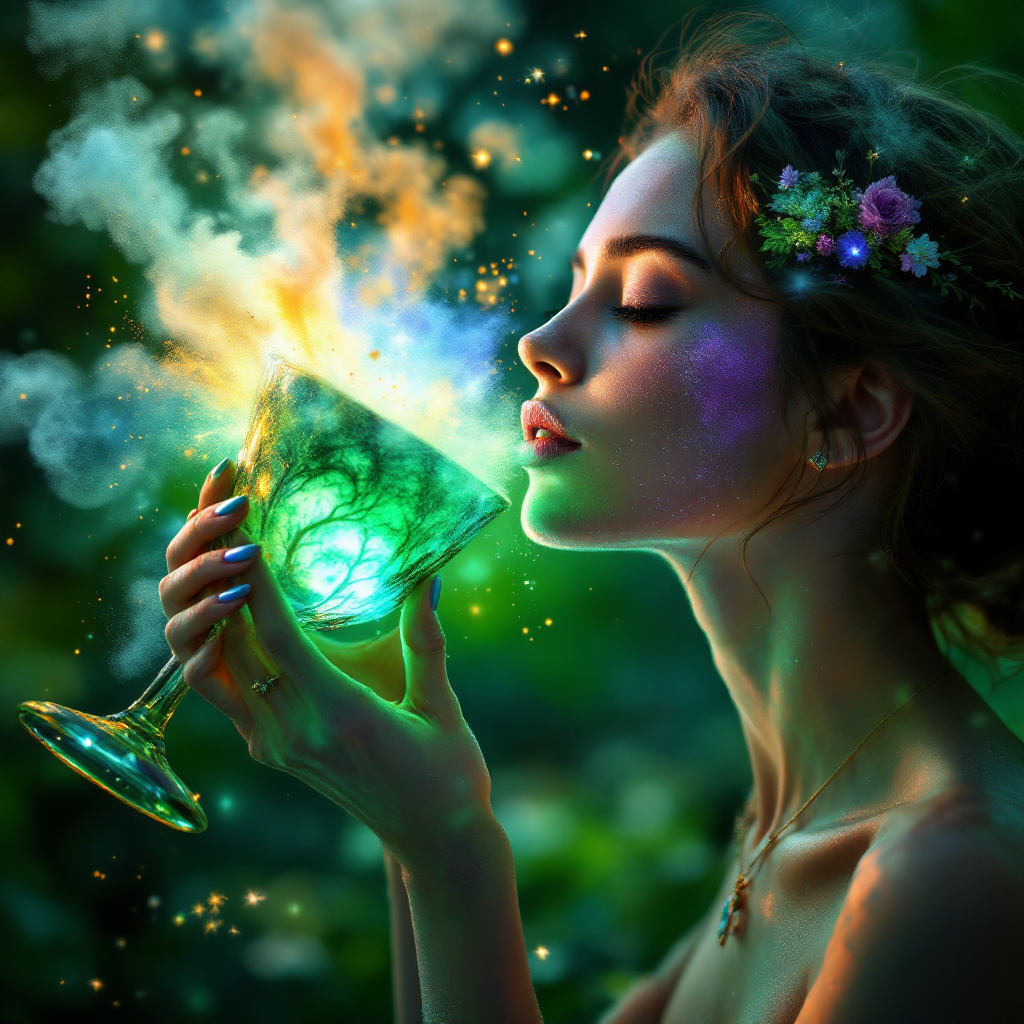 A woman with vibrant green skin closes her eyes, savoring a glowing drink. Wisps of colorful energy swirl around her, evoking the essence of worldtree seeds.