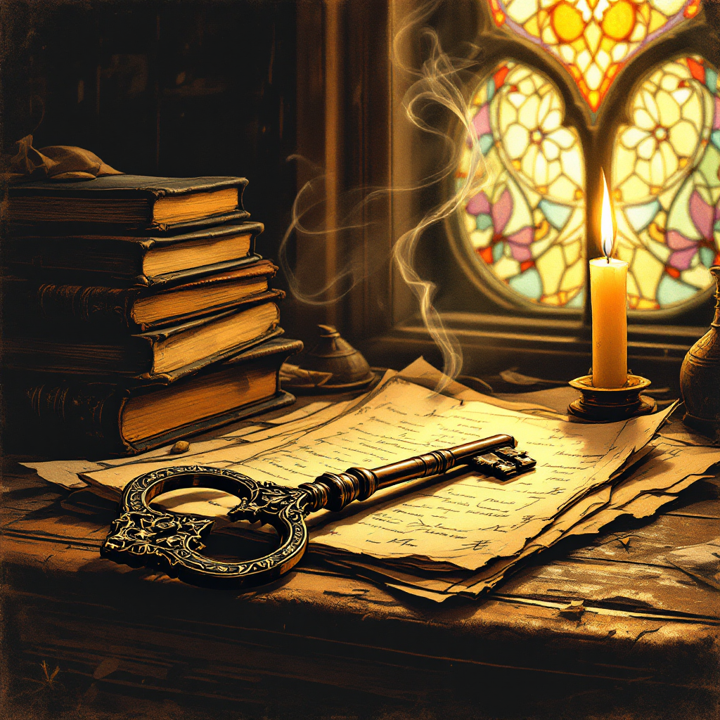 A vintage key rests on aged parchment near a flickering candle, surrounded by stacked books, all illuminated by soft light filtering through a stained glass window.