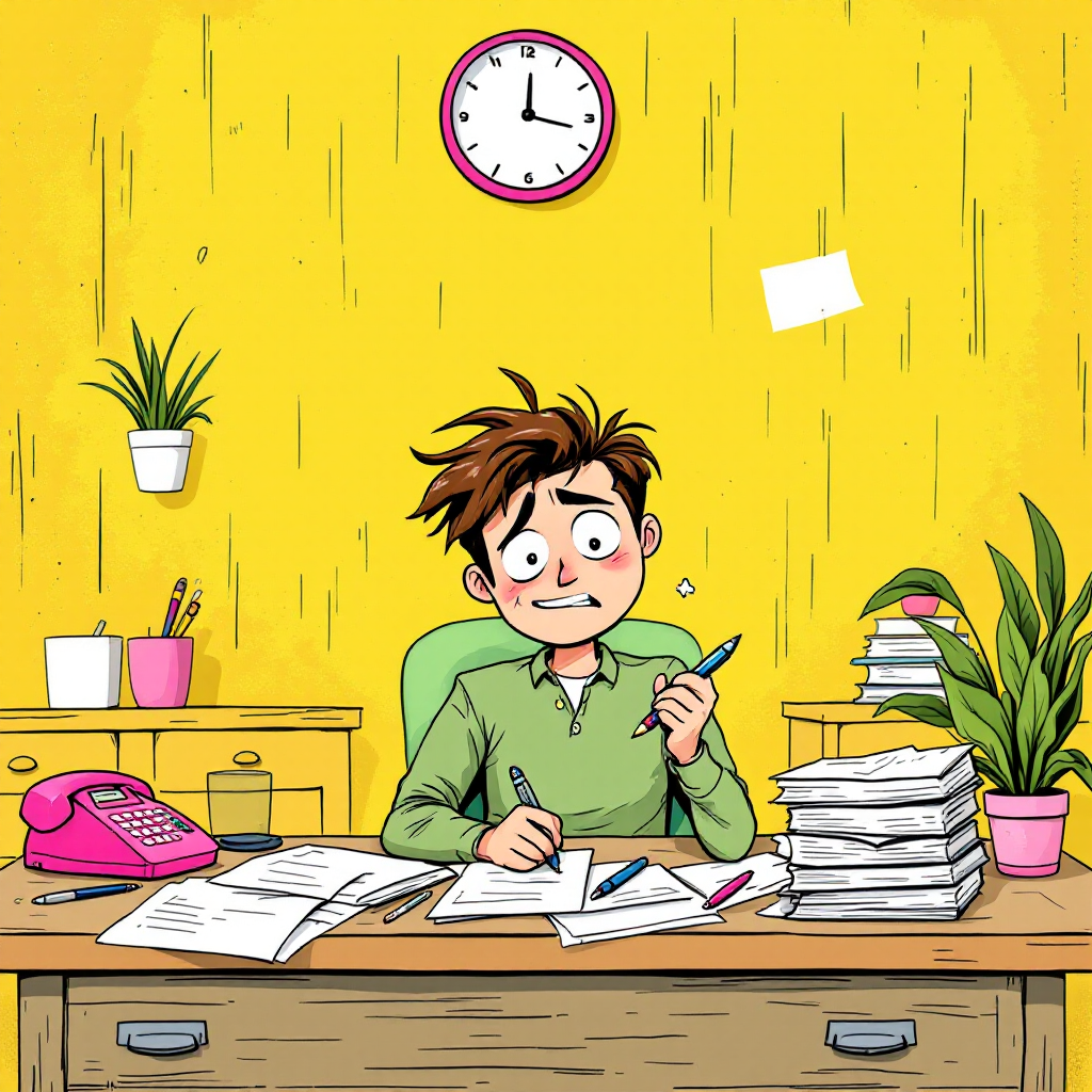 A young boy sits at a cluttered desk covered in papers, looking stressed and bored, with a clock on the wall and plants around, embodying the quote All work and no play makes Jack a dull boy.