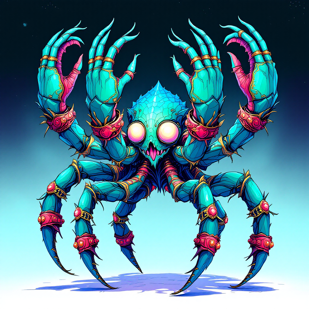 A vibrant hexapod creature with six exaggerated hands, featuring a spiky, colorful body and large glowing eyes, set against a dark, starry background.