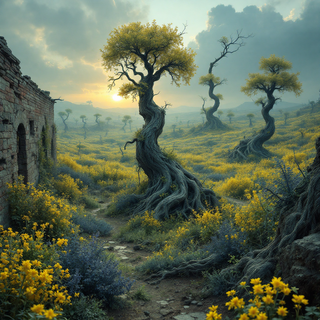 A surreal landscape features twisting trees amidst vibrant yellow and indigo-blue plants, blending nature's resilience with remnants of human structures, capturing a scene of conflict on Jericho.