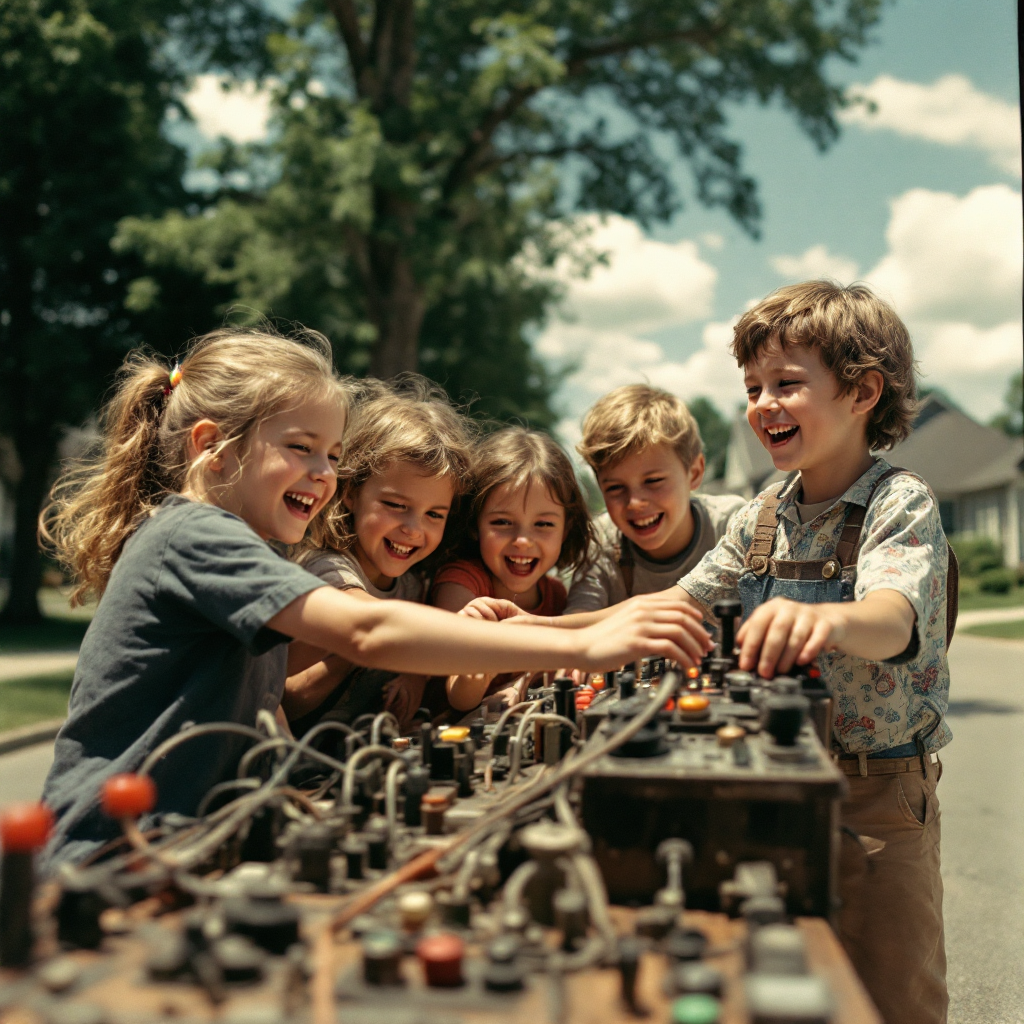 Five children joyfully interact with a complex contraption, embodying the quote's spirit of innocence and unawareness of the serious intentions behind their playful engagement.