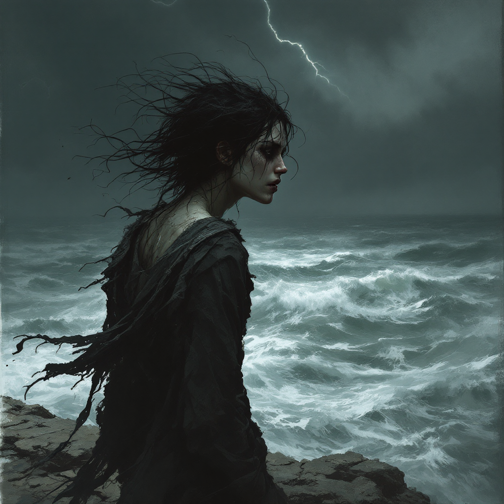 A solitary figure stands on a rocky shore, windswept hair and tattered clothing billowing against a stormy sea, embodying despair as lightning flashes in the darkened sky.