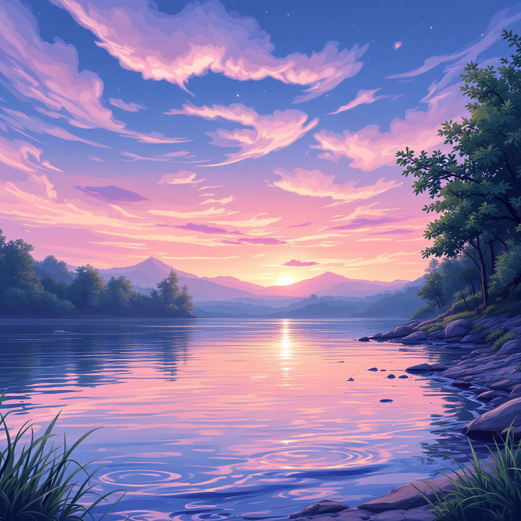 A serene landscape at sunset over a calm river, with vibrant pink and purple skies reflecting on the water, symbolizing the idea that every ending is just a new beginning in disguise.