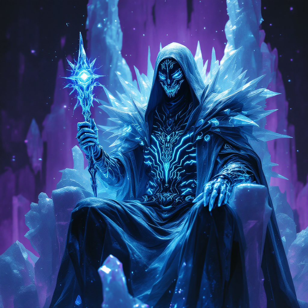 A figure cloaked in dark, icy robes sits on a crystal throne, wielding a glowing staff. The scene evokes themes of power and narrative control, resembling the quote about a superior enemy.