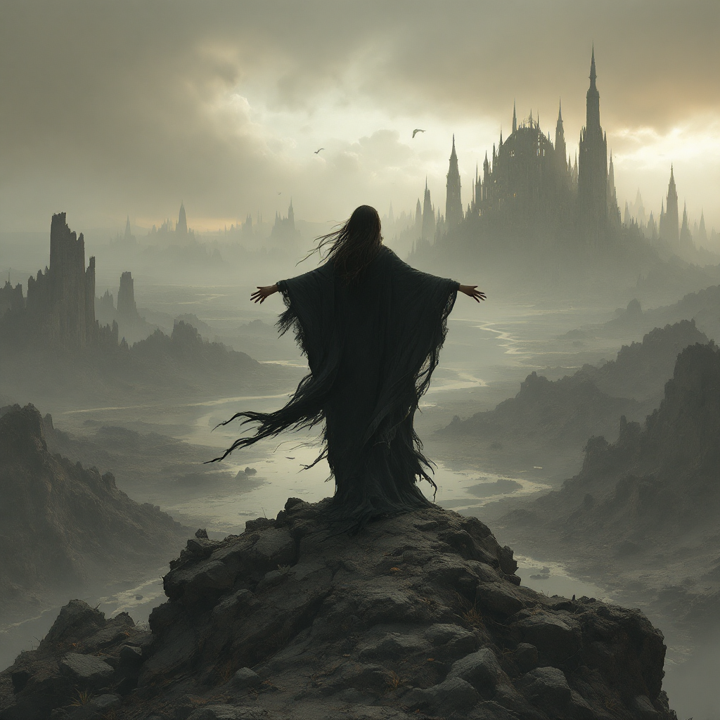 A cloaked figure stands atop a rocky outcrop, arms outstretched, overlooking a desolate landscape and a distant, dark castle, embodying resilience after adversity.