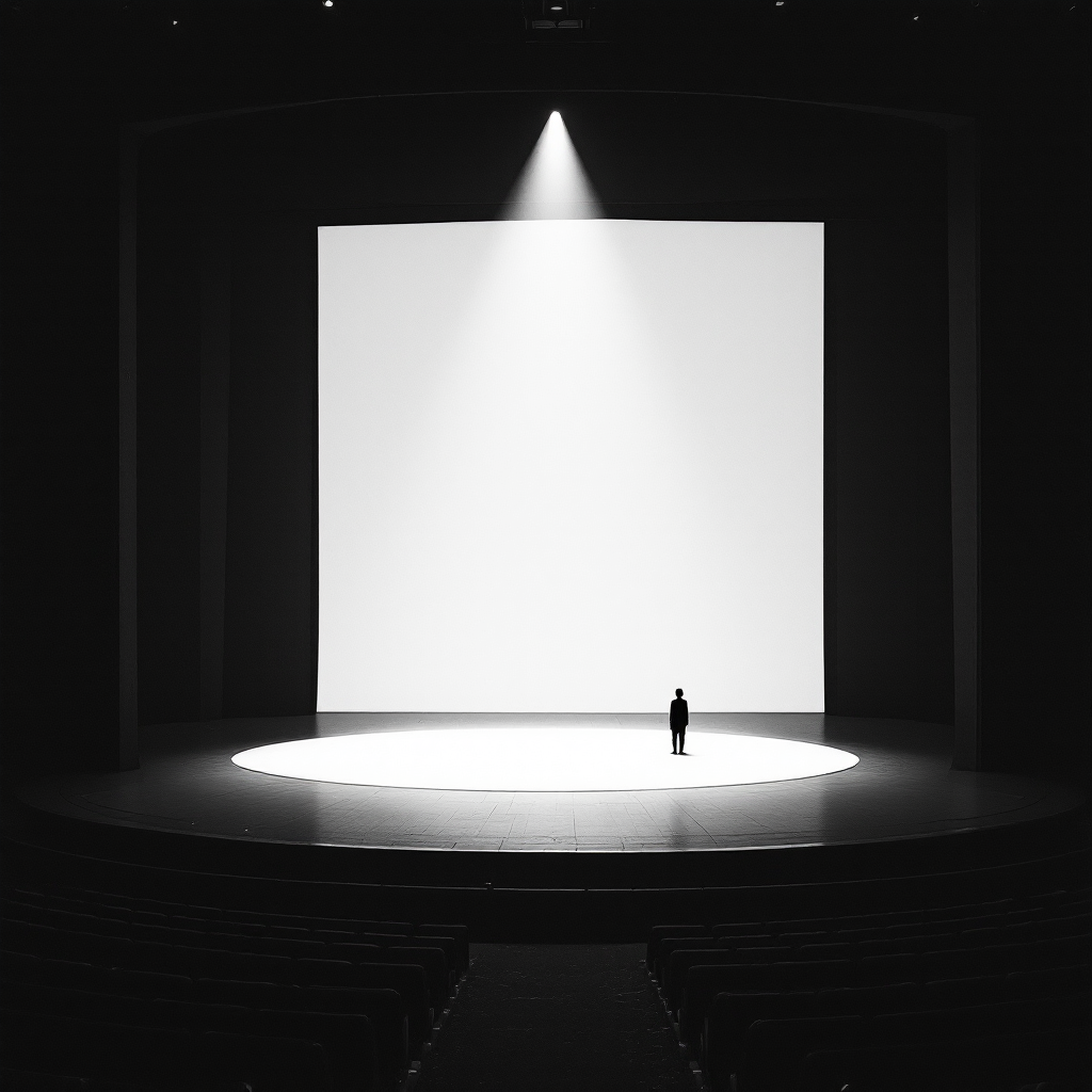 A solitary figure stands on a dimly lit stage, illuminated by a spotlight, with a large blank screen behind them, embodying the notion that we all play our parts in the world's grand performance.