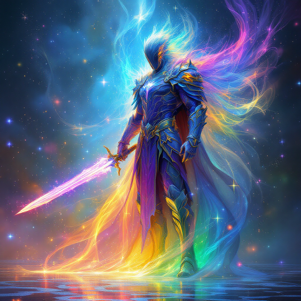 A valiant figure stands with a shimmering sword, surrounded by vibrant, swirling colors, embodying unpraised deeds and quiet heroism in a magical, cosmic setting.