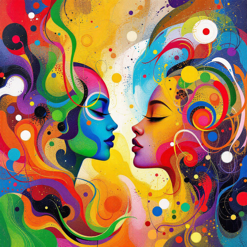 A vibrant, abstract portrayal of two faces in profile, surrounded by swirling colors and patterns, reflecting the dynamic nature of cultural identity as a living conversation.