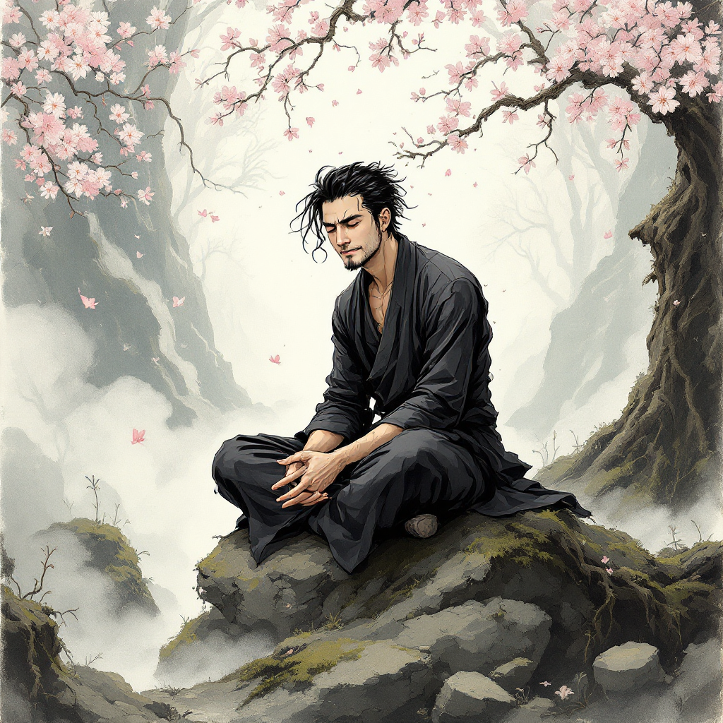 A contemplative man in a black robe sits on a rocky outcrop, surrounded by cherry blossom trees, embodying the essence of becoming what one thinks, amid a serene landscape.