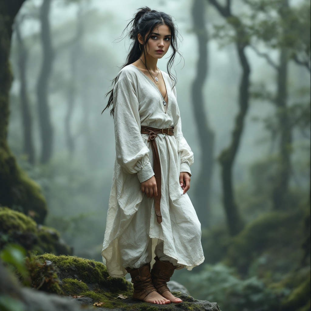 A young woman in a flowing, light-colored outfit stands confidently on a mossy rock in a misty forest, embodying instinct and determination against the unknown.