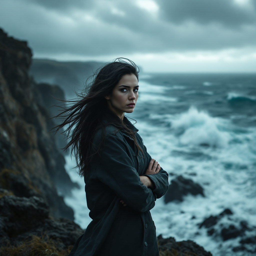 A determined woman stands on a rugged cliff, facing turbulent waves and dark clouds, embodying the quote's essence that willpower can surpass skill.