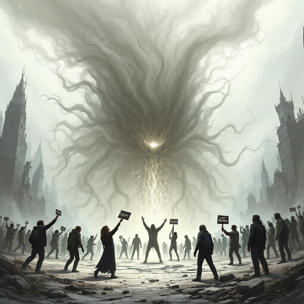 A colossal, menacing entity with glowing eyes and tendrils looms over a crowd of people struggling with signs and books, symbolizing relentless confrontation with Grey.