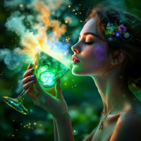 A woman with vibrant green skin closes her eyes, savoring a glowing drink. Wisps of colorful energy swirl around her, evoking the essence of worldtree seeds.